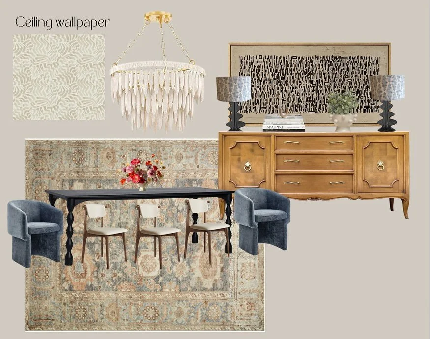 Just waiting to put the finishing touches on this dining room project: 

&bull; Opted for a larger, warmer rug with slate blue tones
&bull; Put a subtle, patterned wallpaper on the ceiling
&bull; Switched out the dining furniture
&bull; Sourced a gor