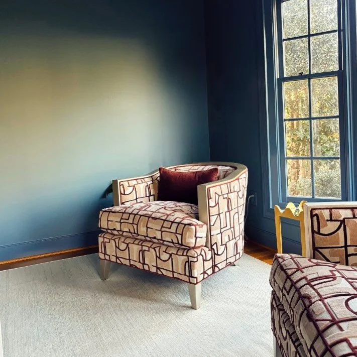 A moment for these custom @vanguardfurniture chairs against the color drenched blue walls first thing in the morning. Can&rsquo;t wait to finish this space.
