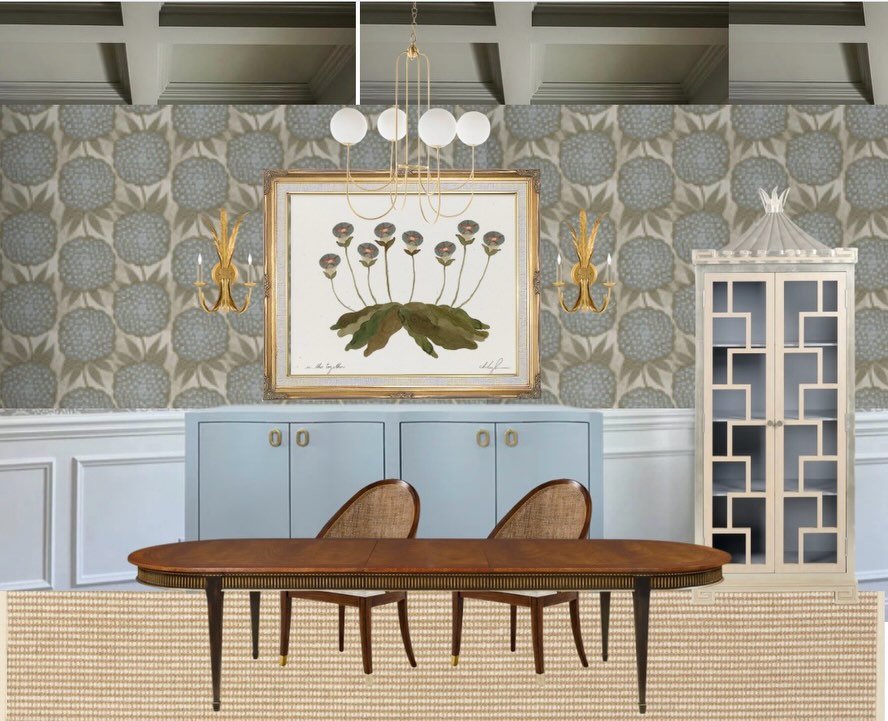 Getting this dining room ready for its big reveal ✨ (swipe for before).

My client wanted earthy pastels with a touch of drama and fun, so we kept the walls grounded in white and added a boho floral wallpaper above for a little personality. The ceili