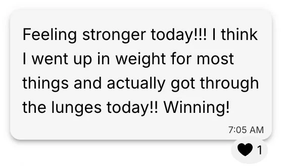 Text message expressing feeling stronger and winning today.