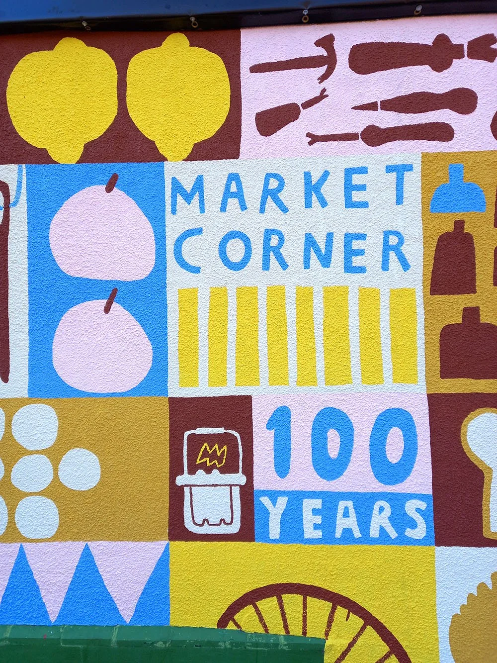 A close up of the section of mural on Market Corner in Leamington Spa