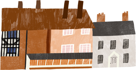 Illustration of a historic timber-framed building