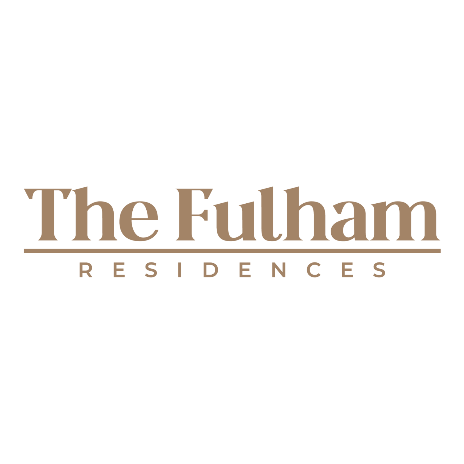 Logo for The Fulham Residences, featuring the name in large brown text with a black background and a line beneath the main title, with 'Residences' written below.