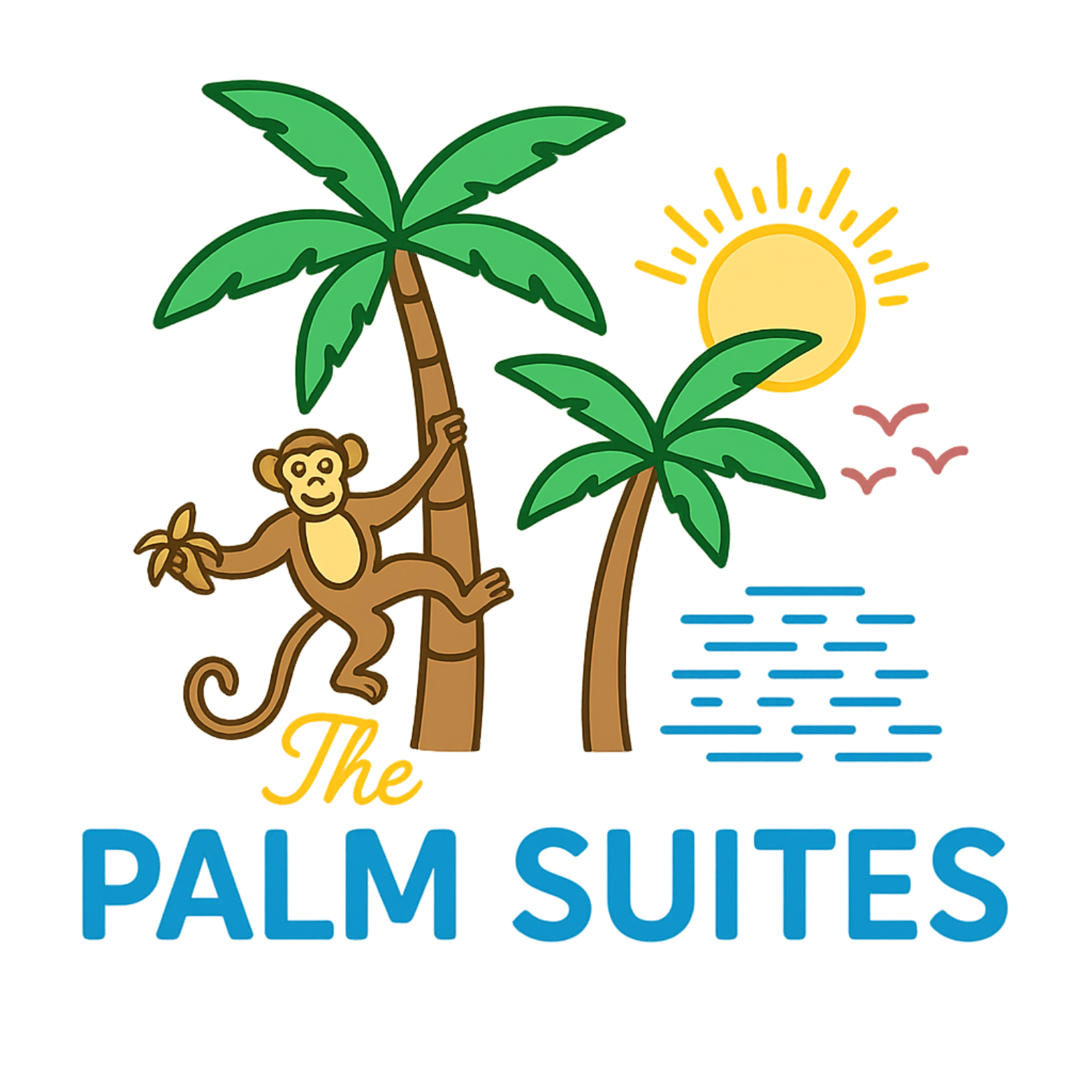 Colorful logo for The Palm Suites featuring a monkey hanging from a palm tree, a sun in the sky, and the name in large blue and yellow text.