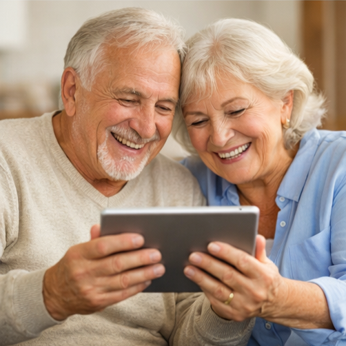 An elderly couple happily looking at a tablet together.