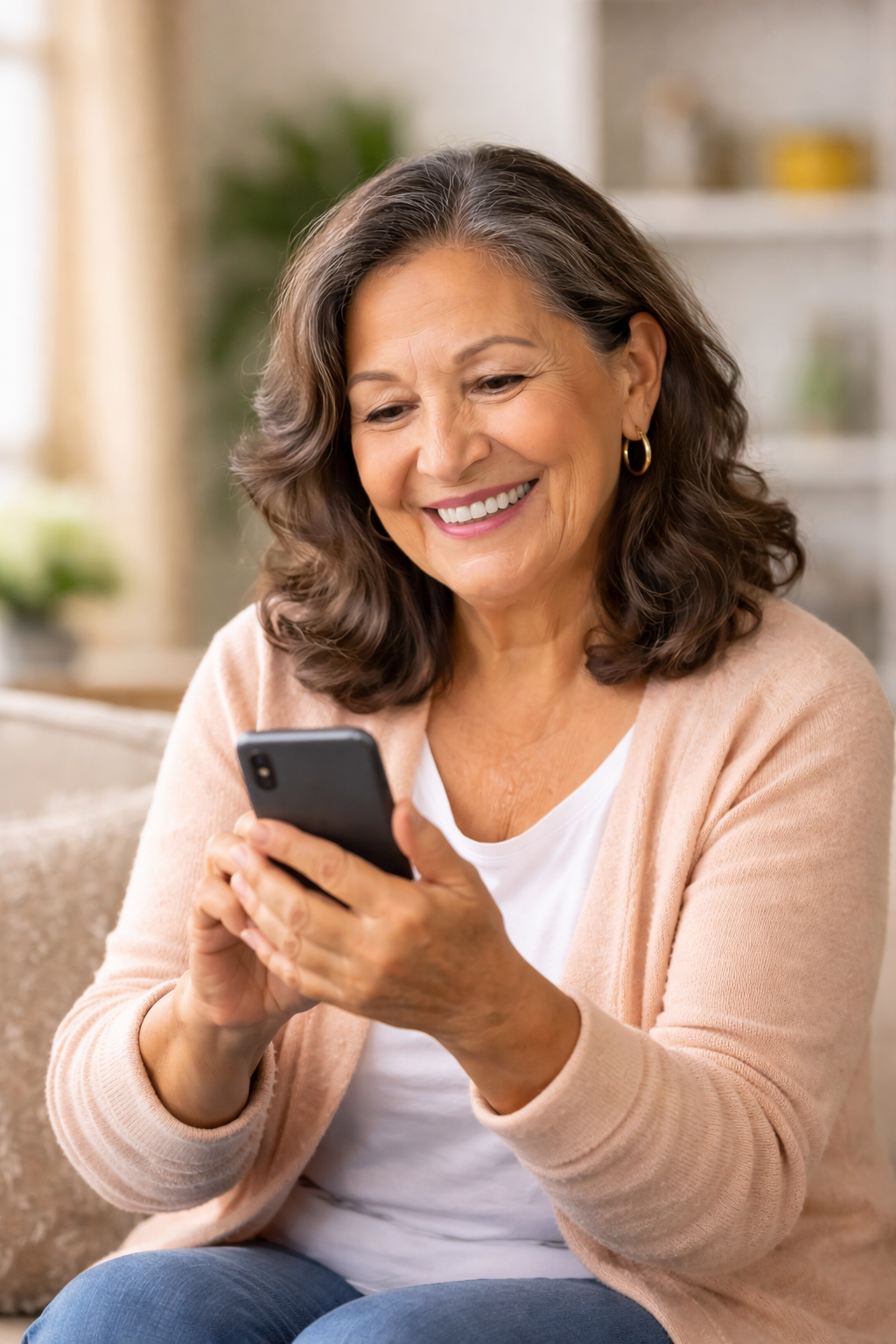 An older woman with gray wavy hair smiling while looking at her smartphone in a cozy living room.