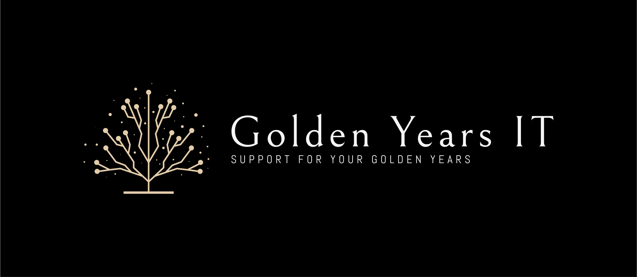 Logo for Golden Years IT, featuring a stylized tree with circuit-like branches on a black background, with white text saying 'Golden Years IT' and 'Support for Your Golden Years'.