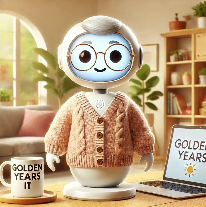A robot with a friendly face, large eyes, and glasses, wearing a pink knitted sweater, standing on a wooden desk in a cozy home office. There is a mug and a laptop on the desk with the text "GOLDEN YEARS" visible on the laptop screen.