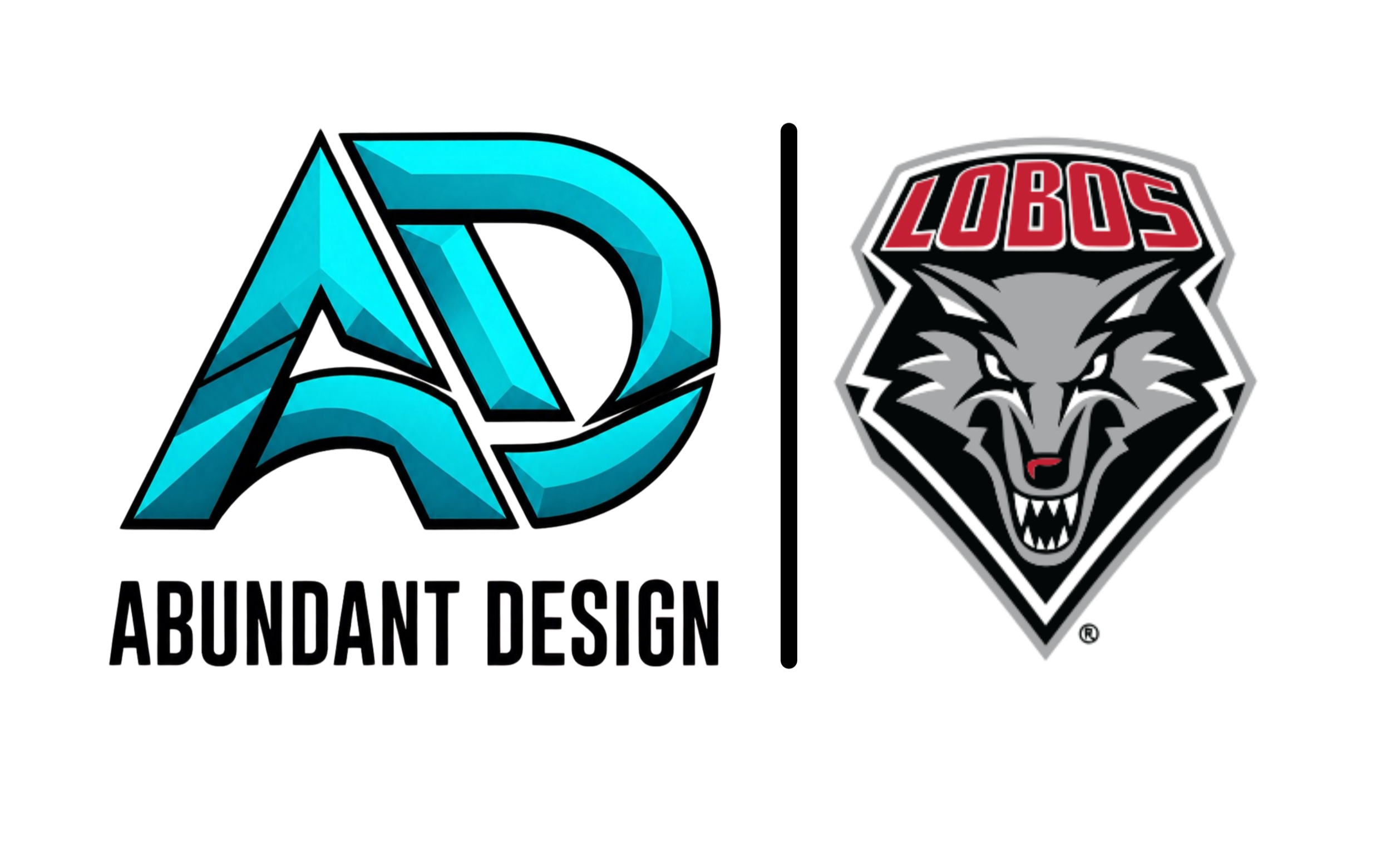 Logo of Abundant Design featuring a stylized blue letter 'A' with geometric facets and a black outline, alongside a sports team logo of a snarling wolf's head with the word 'LOBO' in red above it.