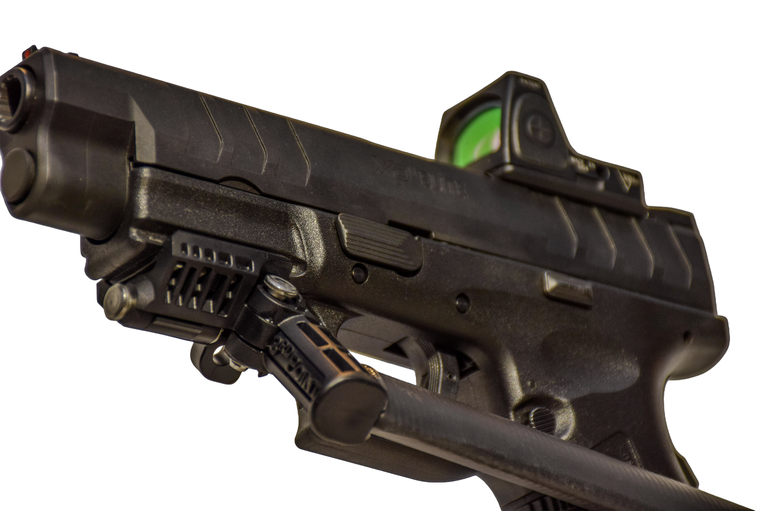 3rd Point pistol stock installed, close up of mounting rail