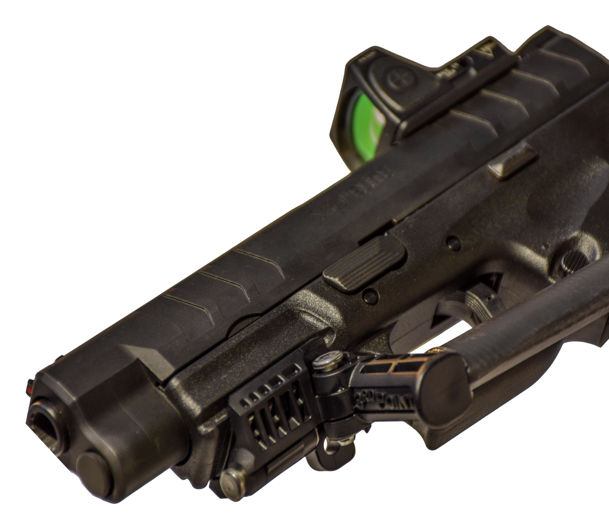 3rd Point pistol shoulder stock installed, close up of mounting rail