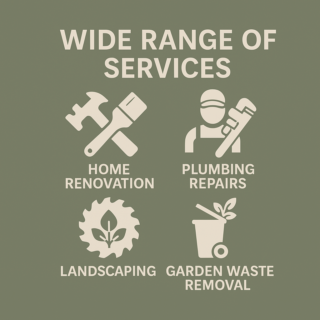 Iconic representations of home renovation, plumbing repairs, landscaping, and garden waste removal services under the heading 'Wide Range of Services' on a green background.
