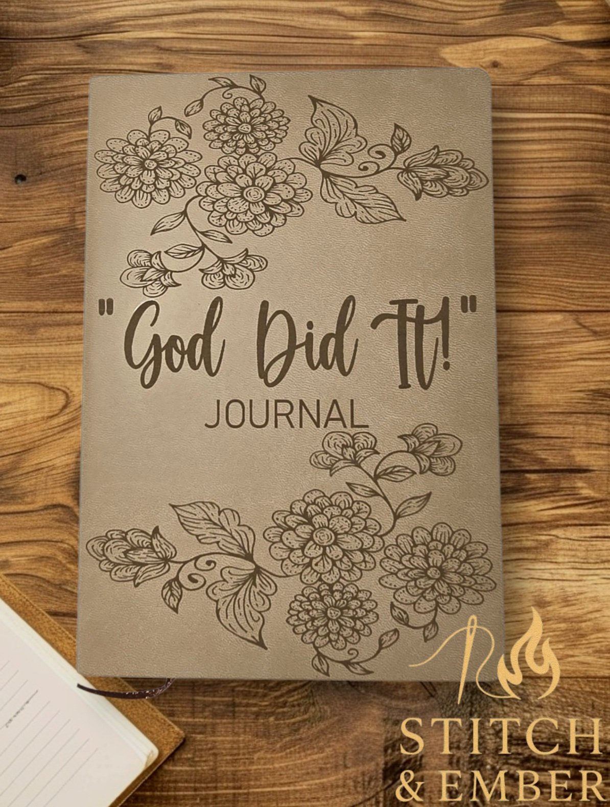 Front cover of 'God Did It!' A5 PU leather journal with floral engraving – Christian notebook for prayer and devotionals