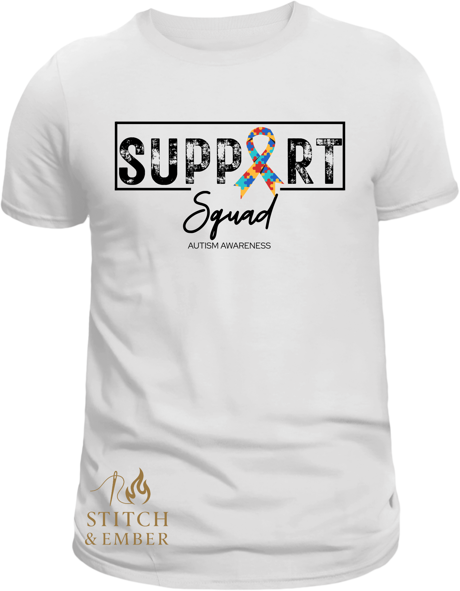 White t-shirt with “Support Squad” graphic, featuring a colorful puzzle-piece ribbon symbolizing autism awareness.