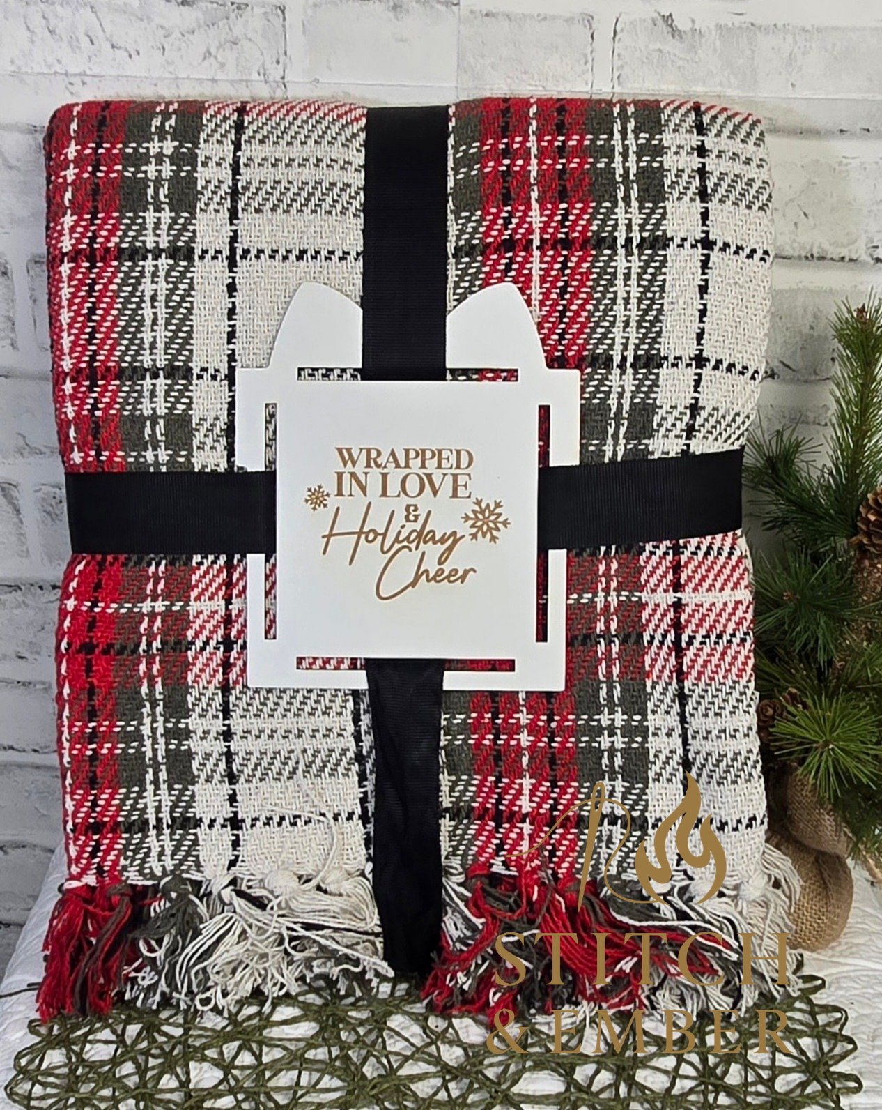 Festive Holiday Plaid Throw with Personalized Blanket Tag