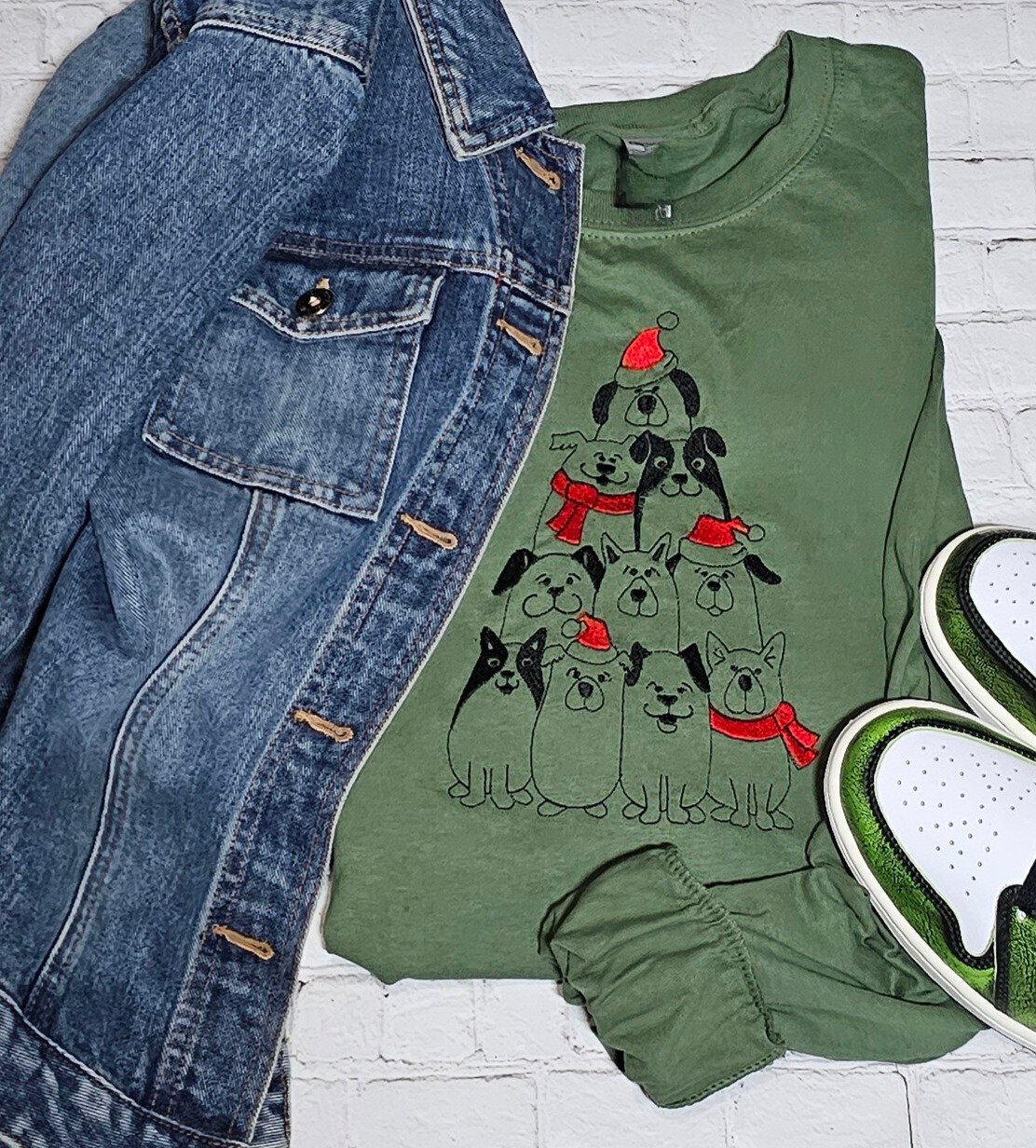Festive Dog Christmas Tree Embroidered Long Sleeve T-Shirt