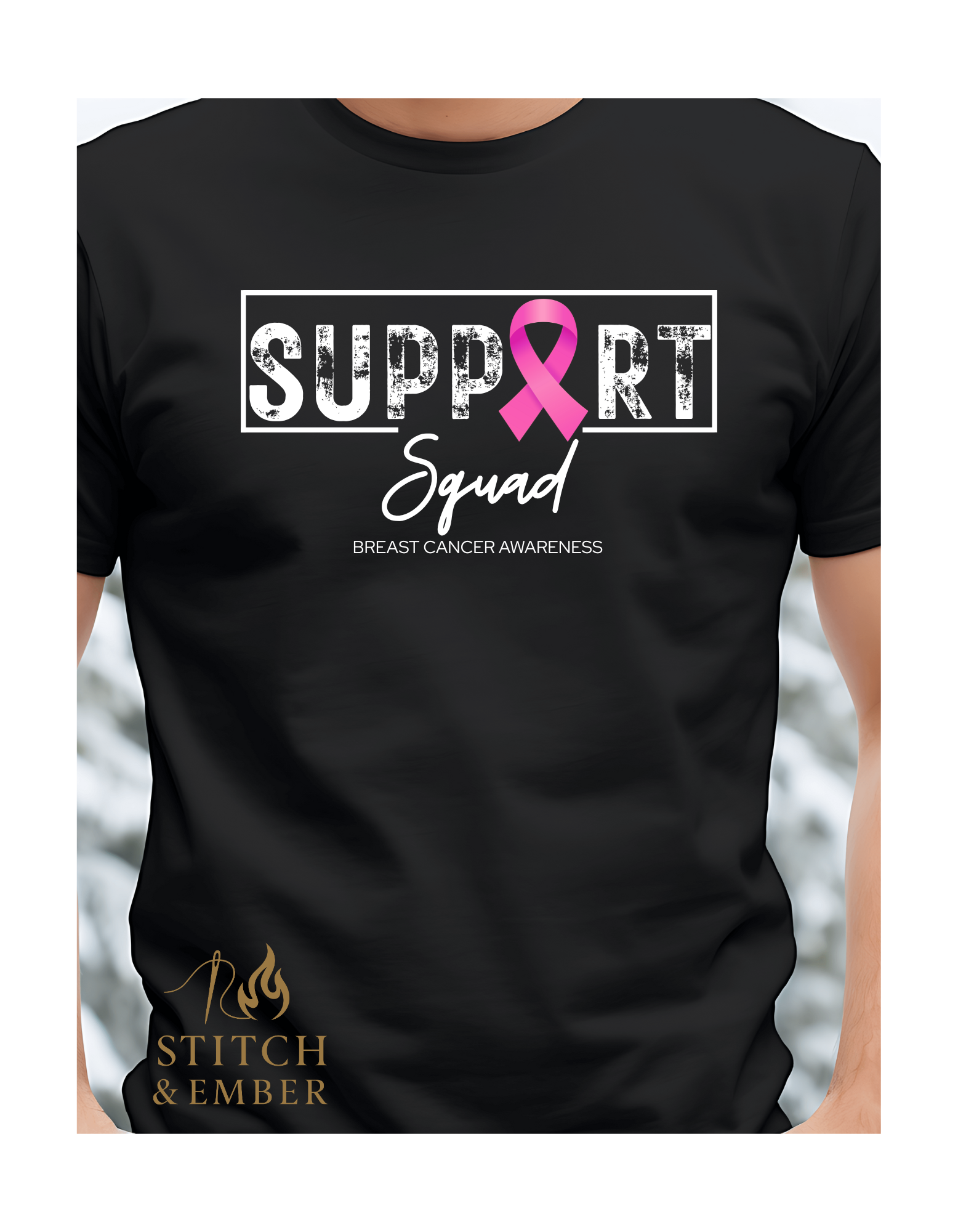 Black t-shirt with “Support Squad” graphic and a pink ribbon for breast cancer awareness.