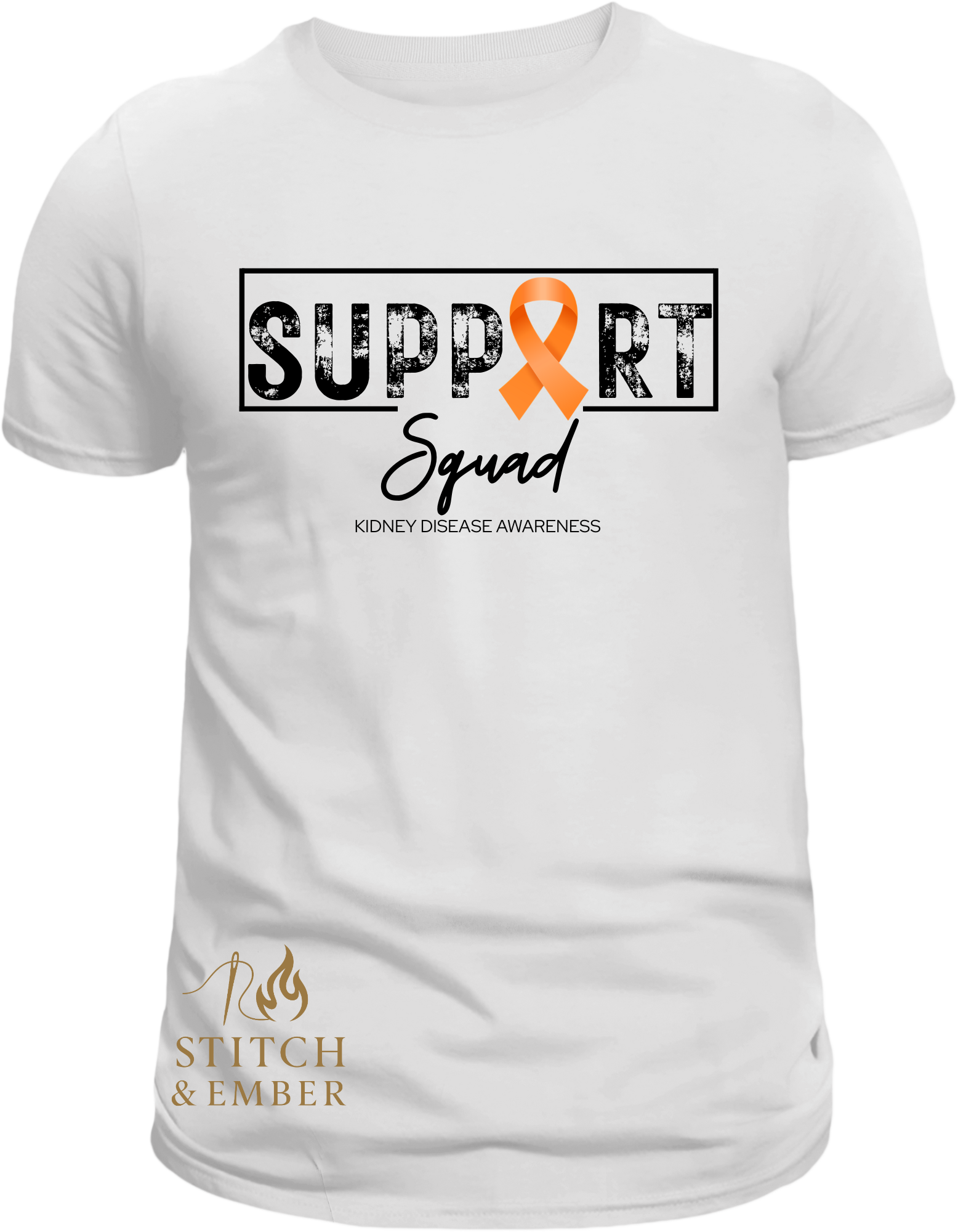White t-shirt with “Support Squad” graphic and an orange ribbon representing kidney disease awareness.