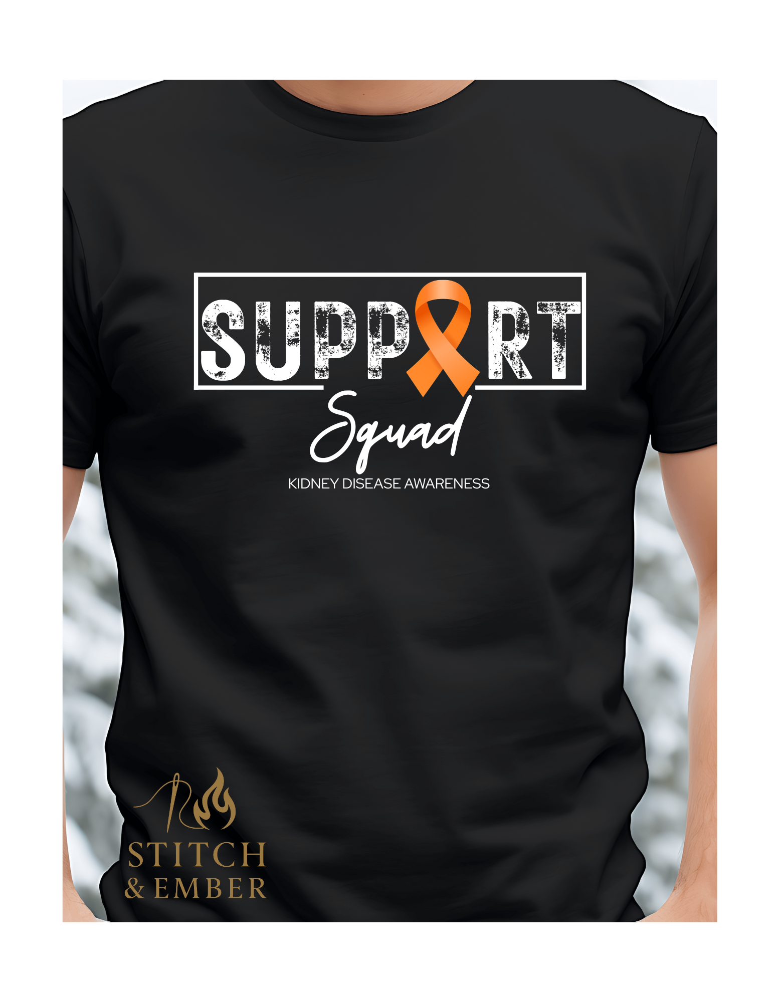 Black t-shirt with “Support Squad” graphic and an orange ribbon representing kidney disease awareness.
