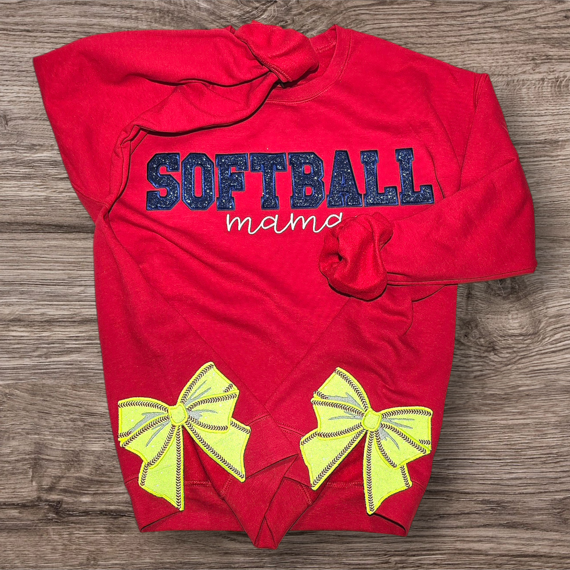 Embroidered Glitter Softball Mama Sweatshirt with Side Bow Accents