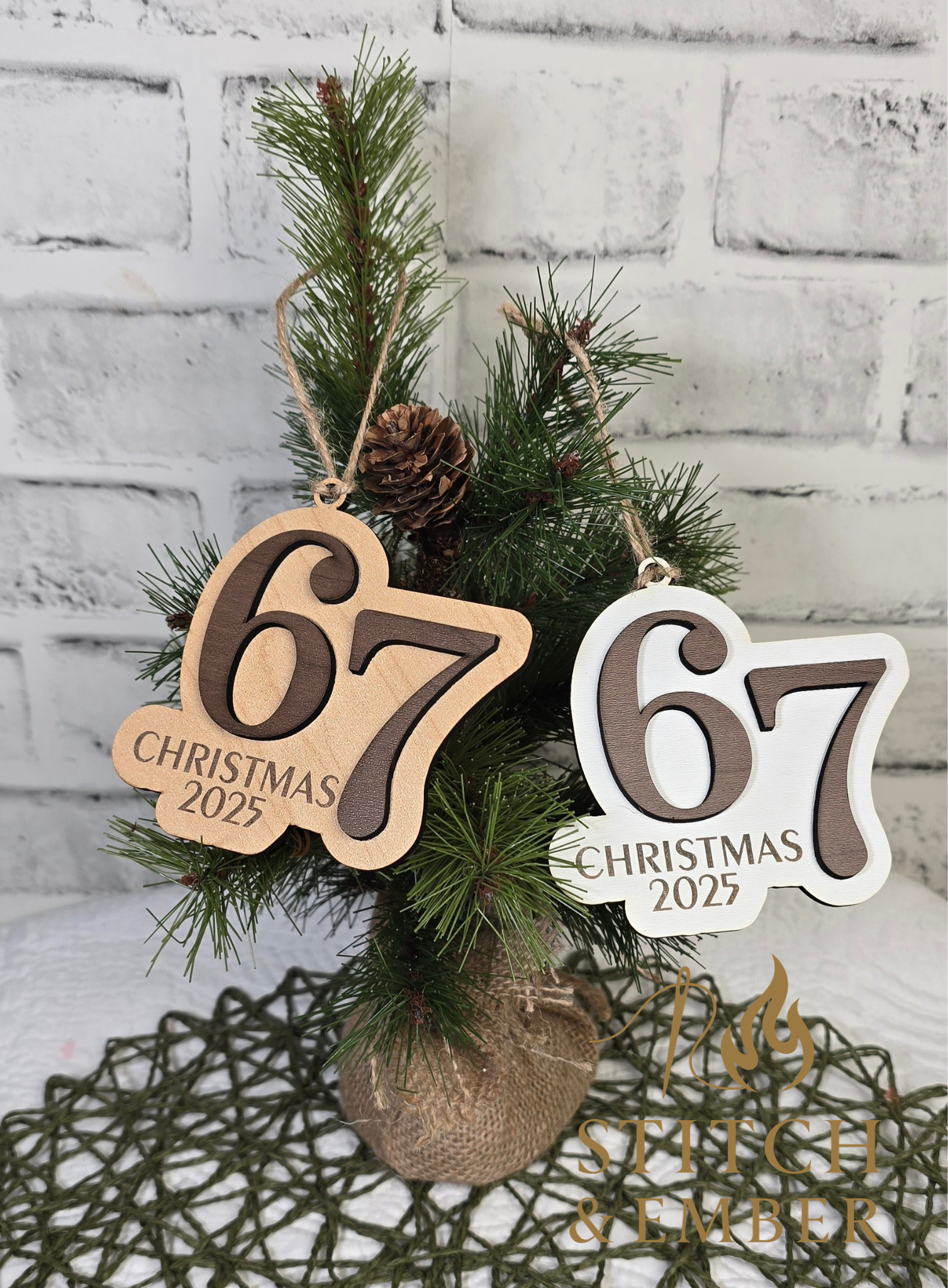 Laser Engraved '67' Christmas Ornament & Bag Tag