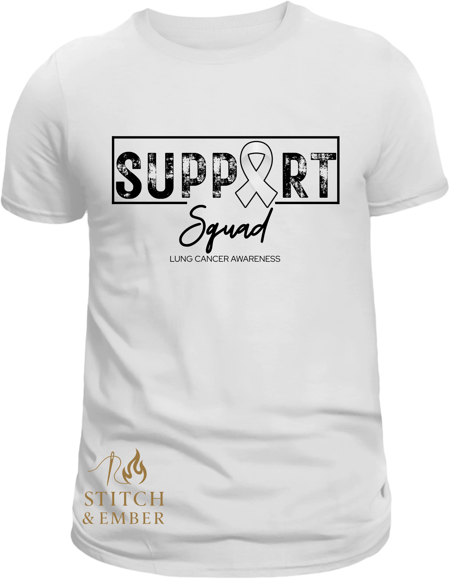 White t-shirt with “Support Squad” graphic and a white ribbon for lung cancer awareness.