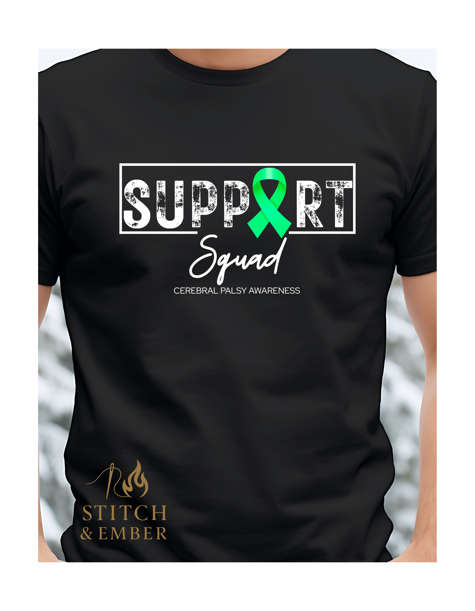 Black t-shirt with “Support Squad” graphic and a green ribbon for cerebral palsy awareness.