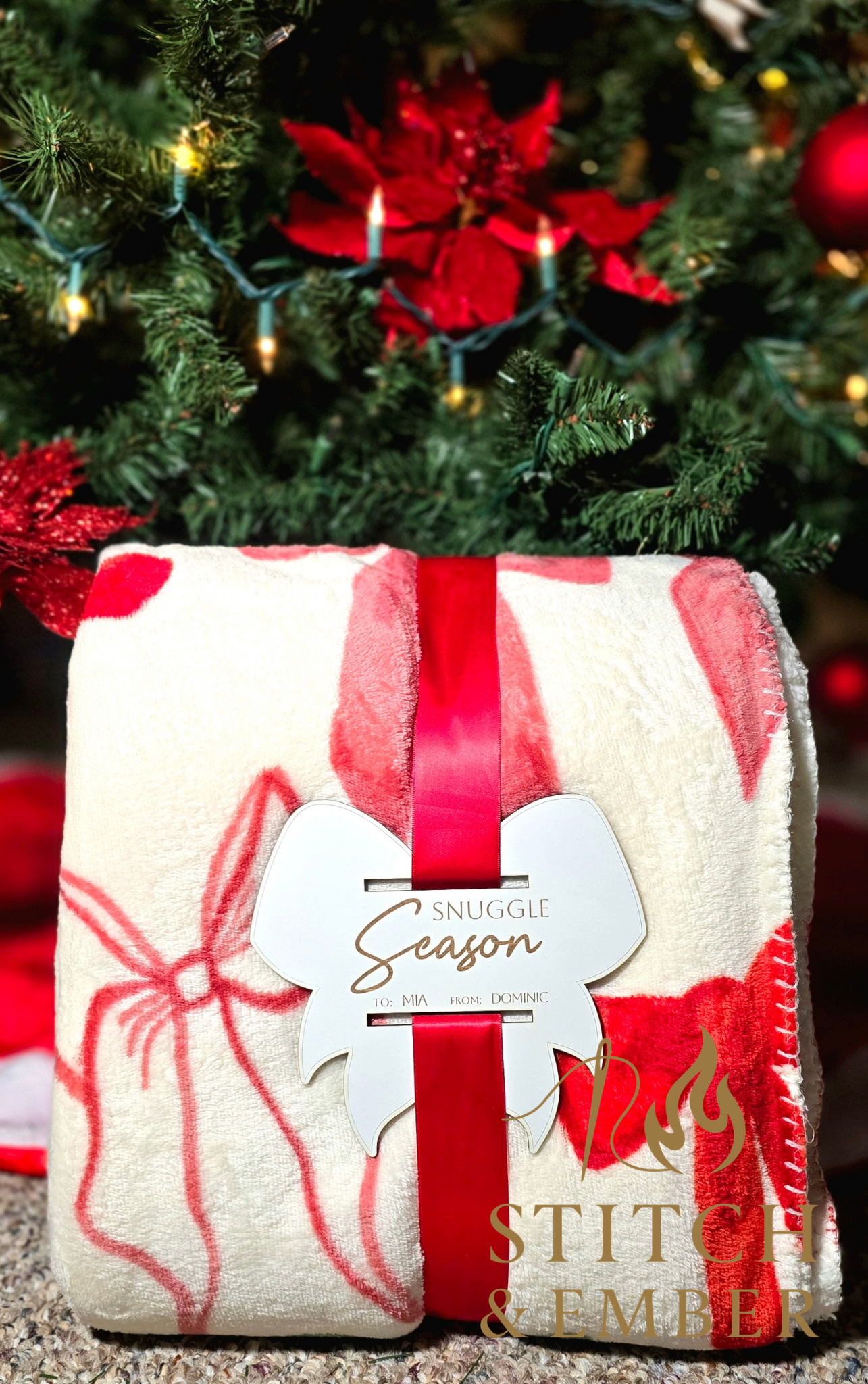 Custom Bow-Patterned Blanket with Personalized Engraved Bow Blanket Tag