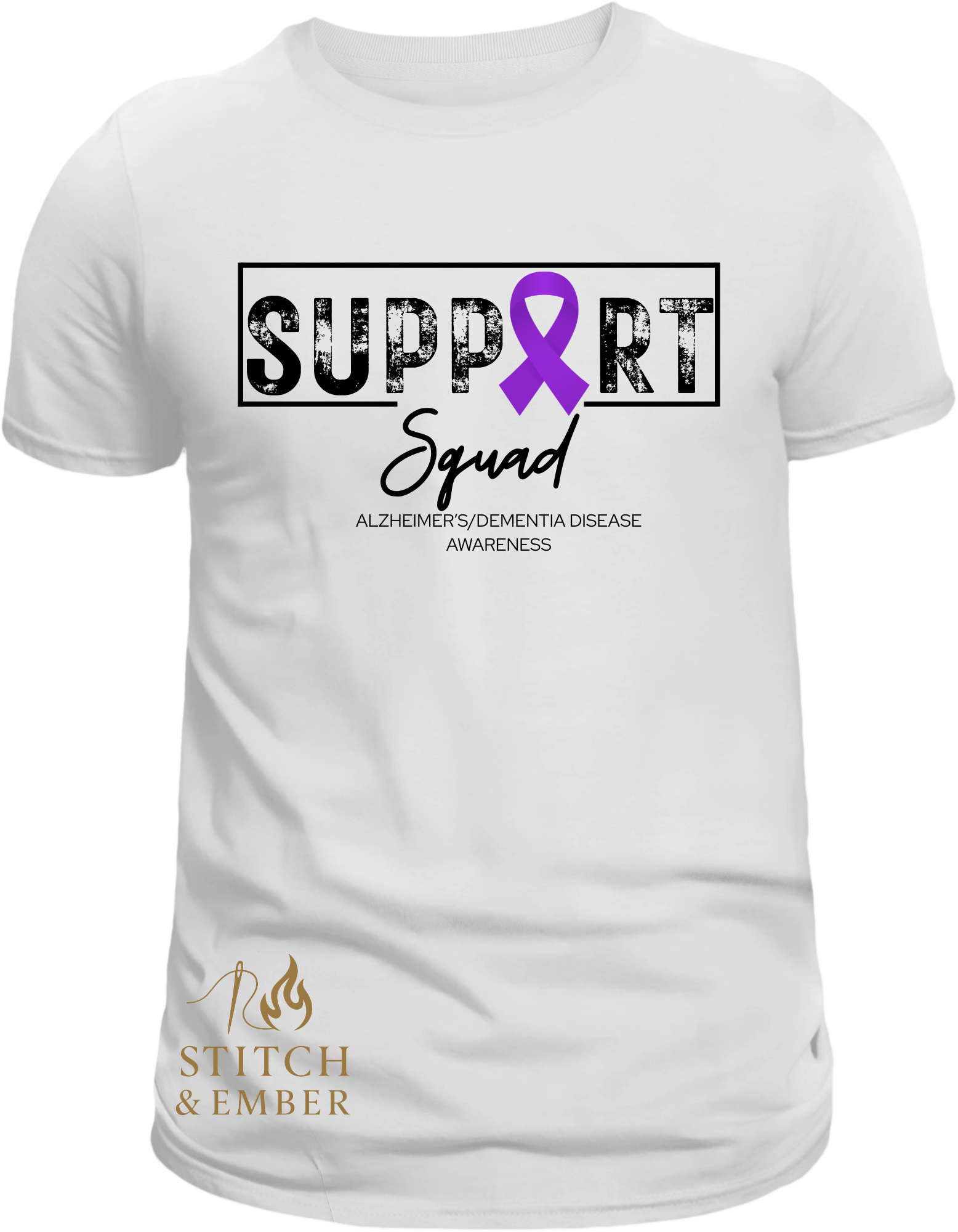 White t-shirt with “Support Squad” graphic and a purple ribbon for Alzheimer's/dementia awareness.