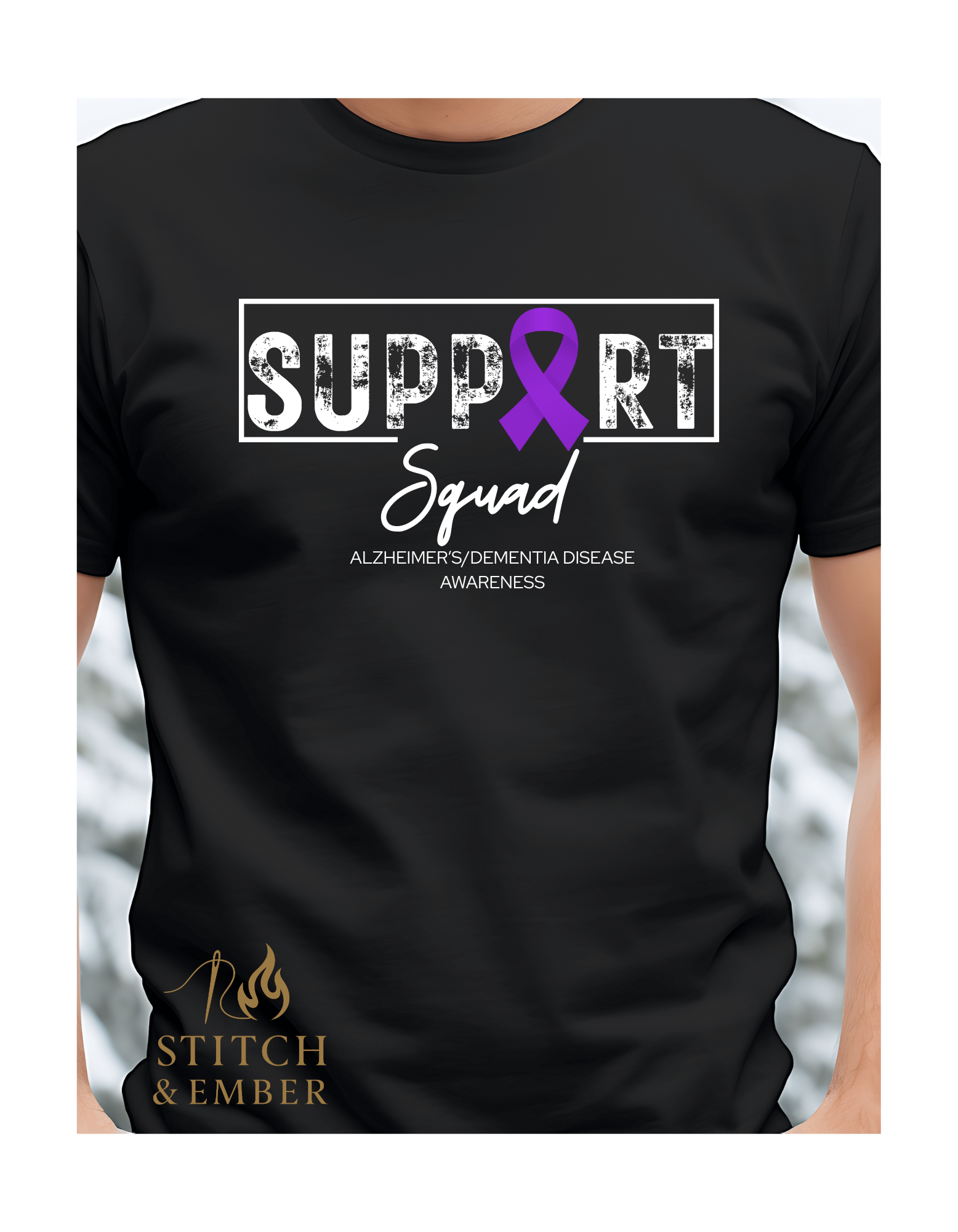 Black t-shirt with “Support Squad” graphic and a purple ribbon for Alzheimer's/dementia awareness.