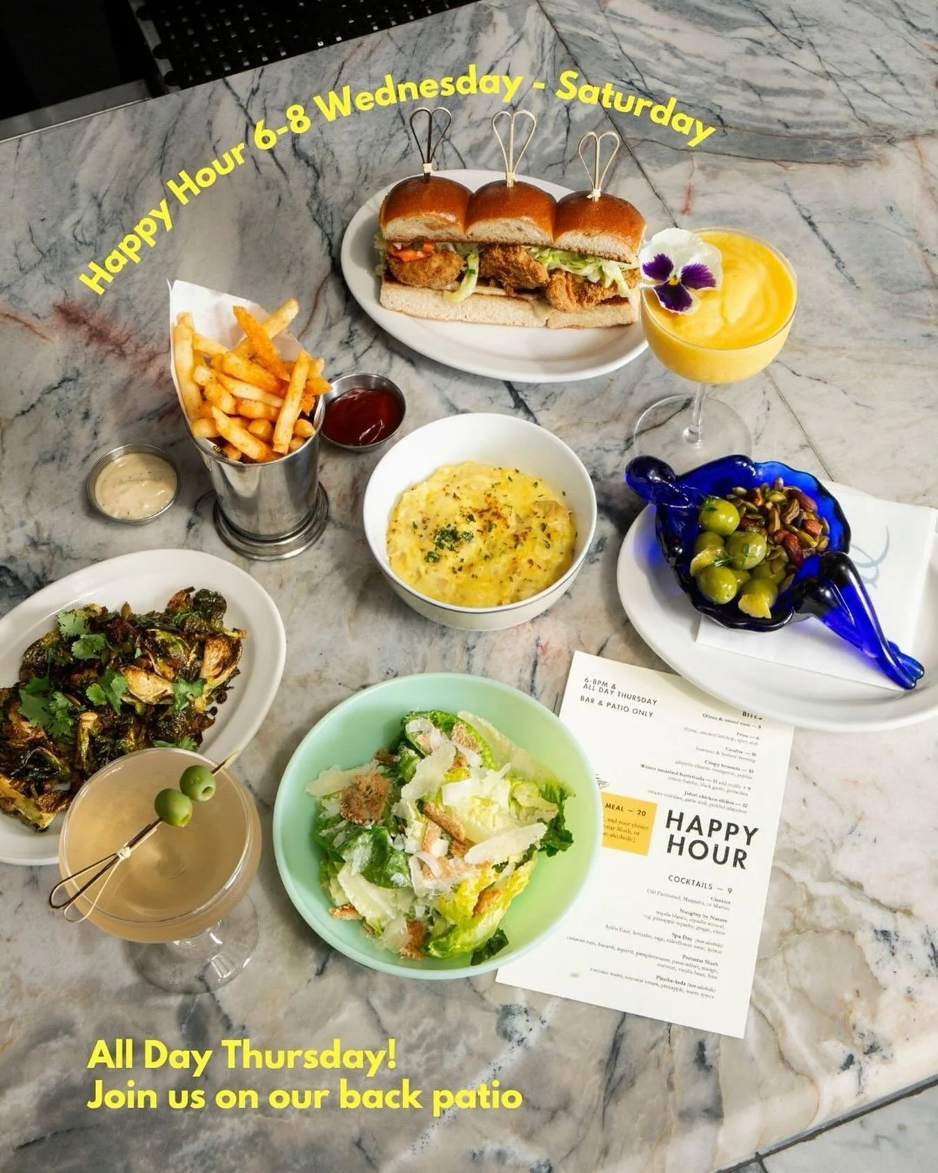 Join us Wednesday through Saturday evenings for happy hour at our cozy back bar — with all-night happy hour every Thursday!🥂 Sip on fun, creative drinks and enjoy delicious bites in a relaxed, welcoming vibe that’s perfect for catching u