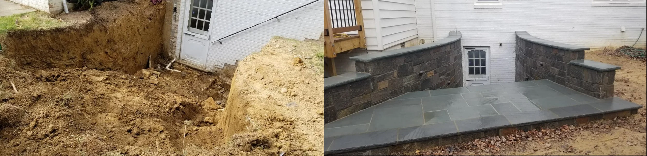 Side-by-side comparison of a construction site showing before and after images of a house entrance renovation. The left side depicts a dug-out earth area beside a house with exposed soil and a white door, while the right side shows a completed stone patio with stone walls leading to a similar door.