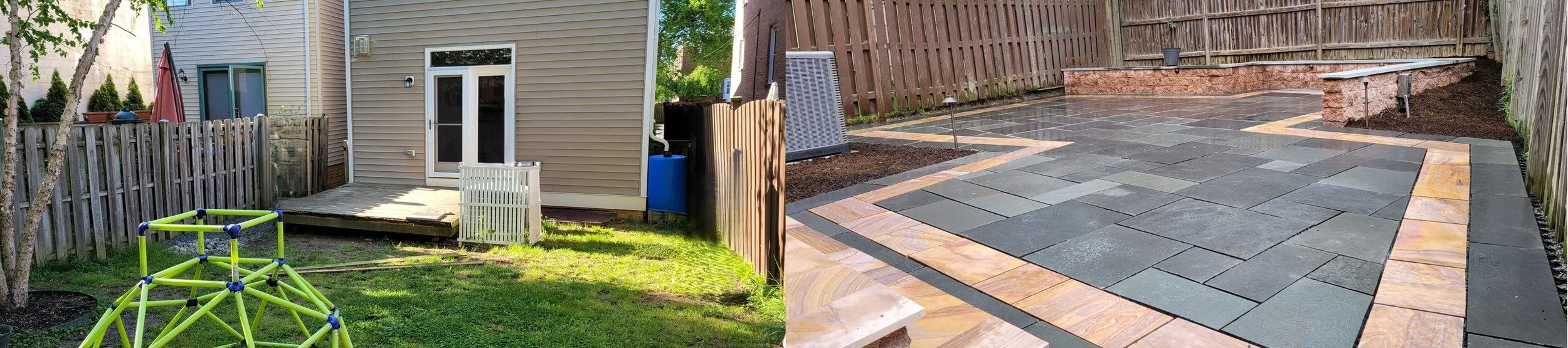 Before and after backyard renovation showing transformation from grassy area with play structure to paved patio with stone bench.