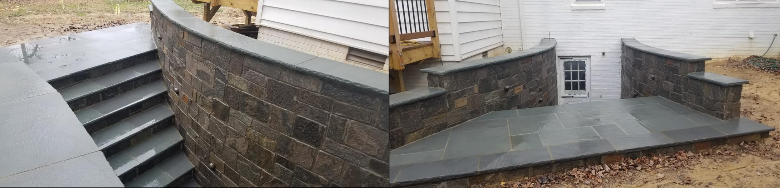 Outdoor stone staircase with a curved stone retaining wall and patio area leading to a basement door.