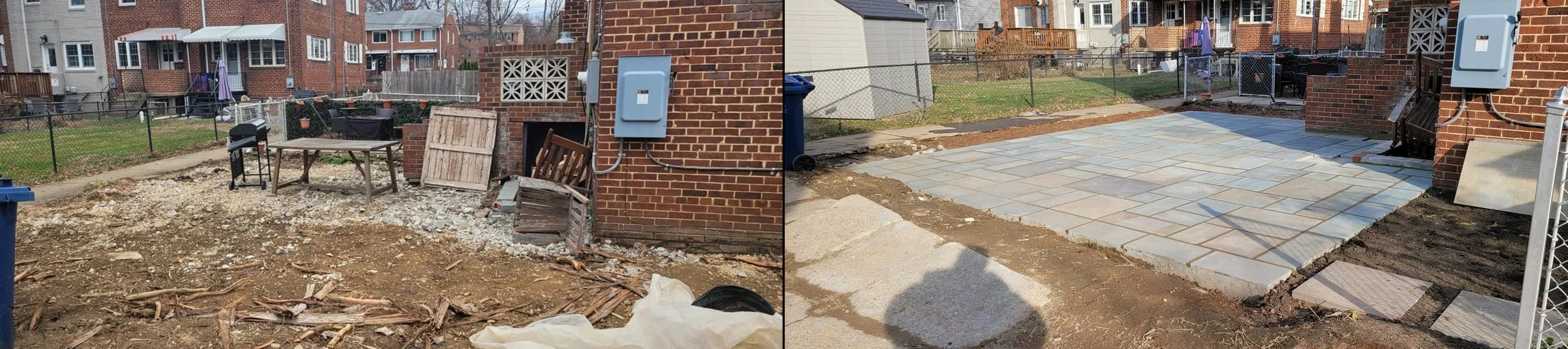 Before and after images show backyard renovation, illustrating a transformation from a muddy, cluttered area to a newly installed stone patio.