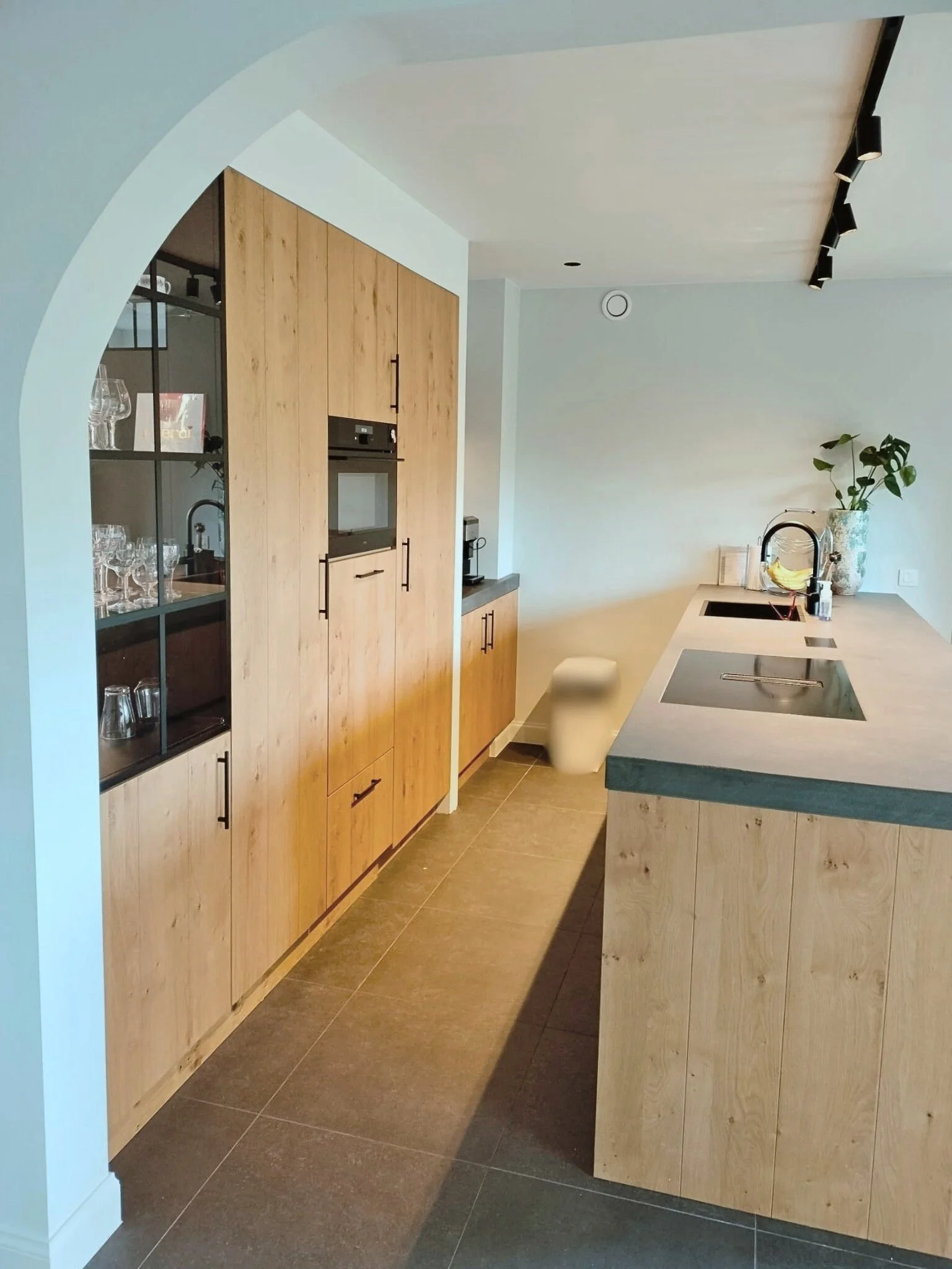 Moderne keuken met houten kasten en eiland, inbouwapparatuur, gootsteen, planten en glaswerk op een plank.