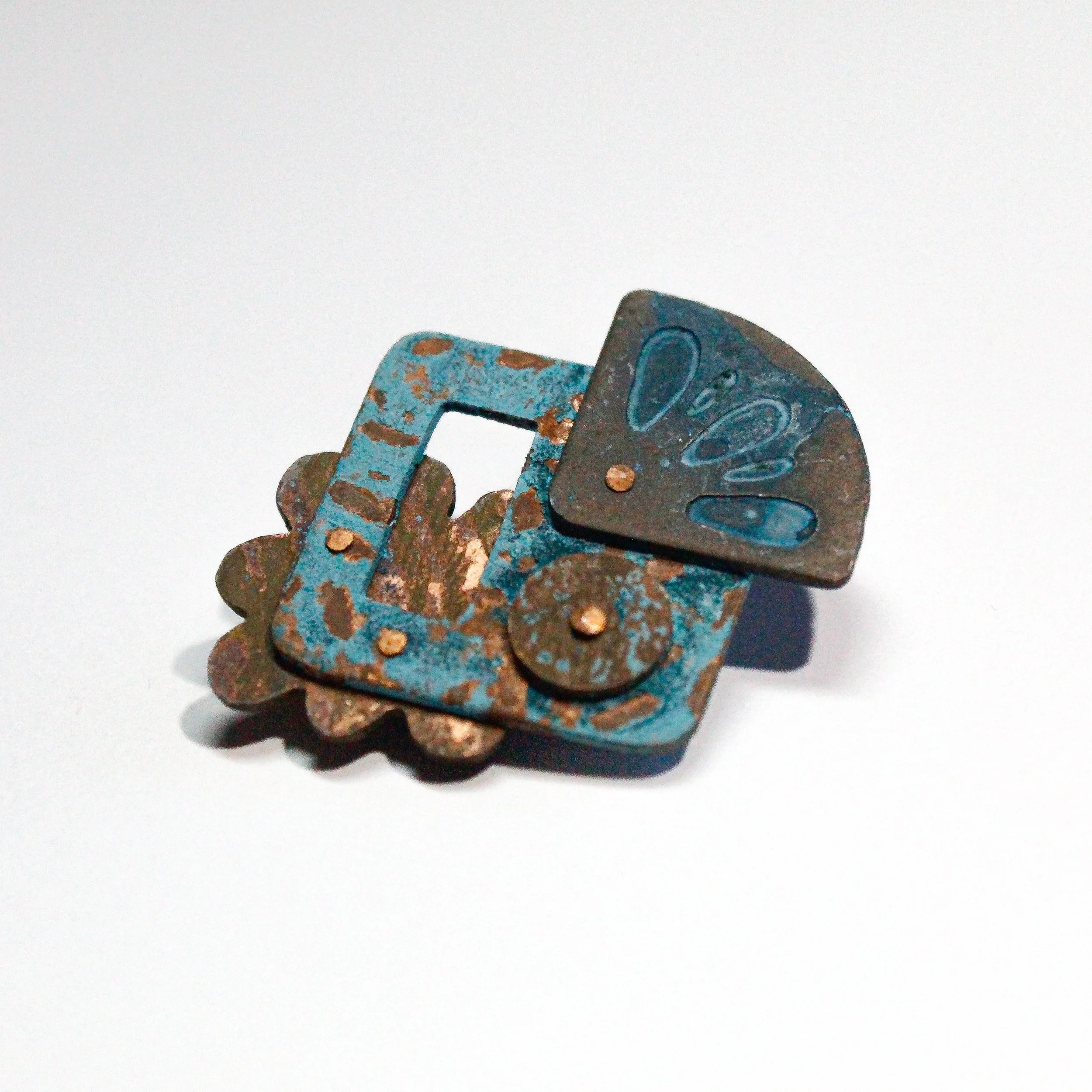024056129173 | copper, assorted verdigris patination | 1.375" x 1.375" | 2024 | Angled