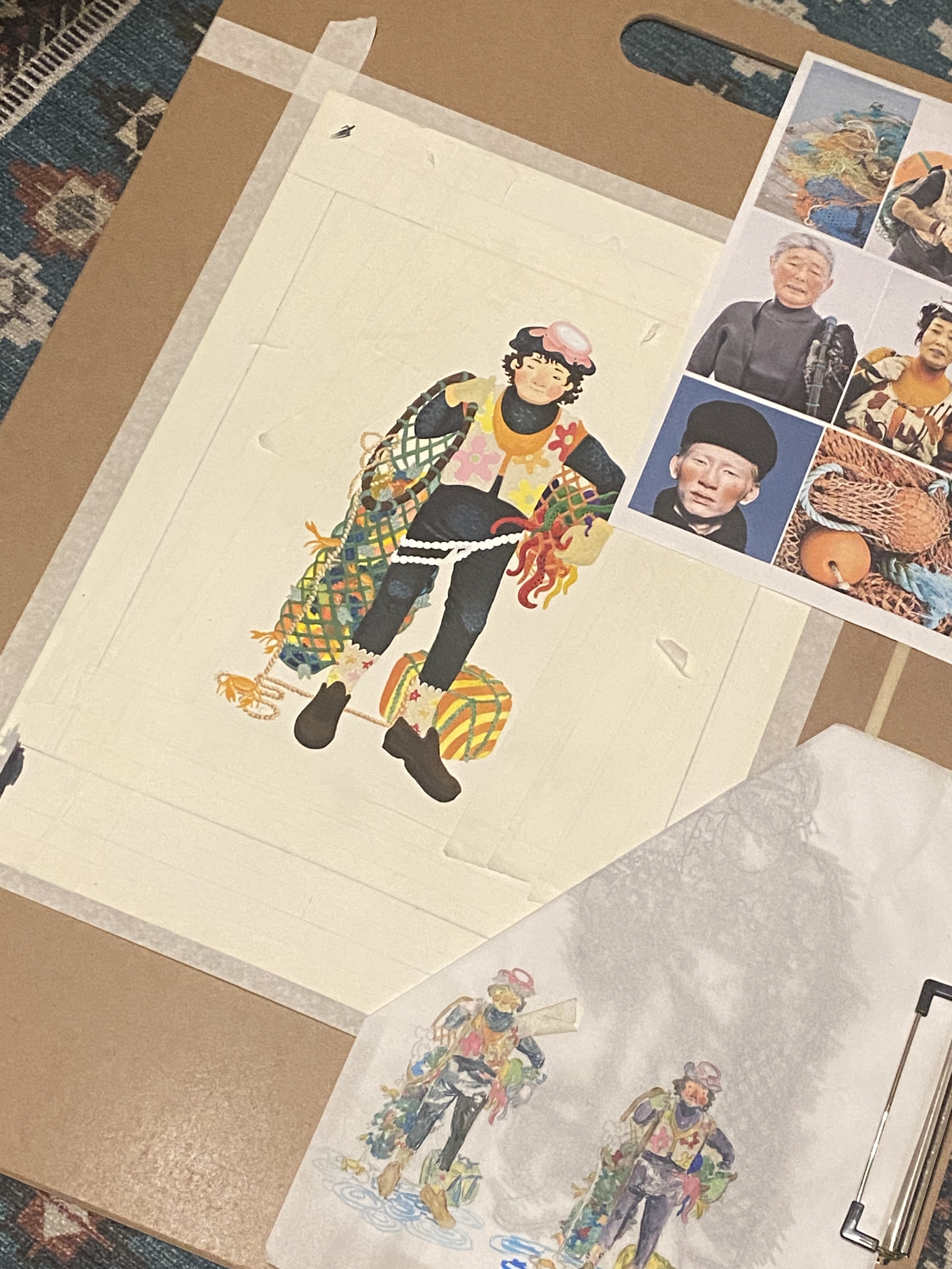 Illustration board set up with references and color study