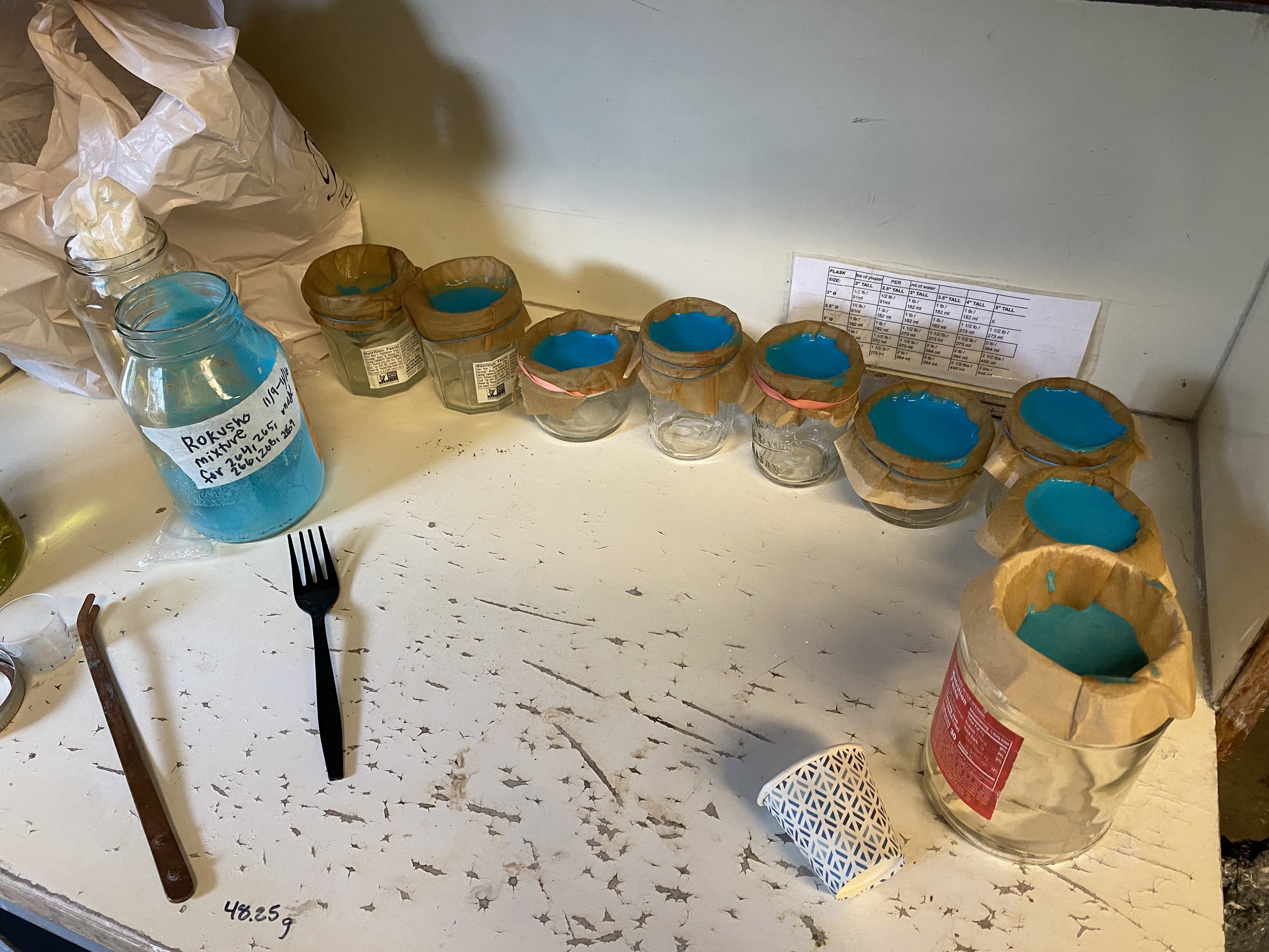 Separation of paste Rokusho from liquid. Placed into coffee filters to continue the separation process of the paste from the excess liquid.