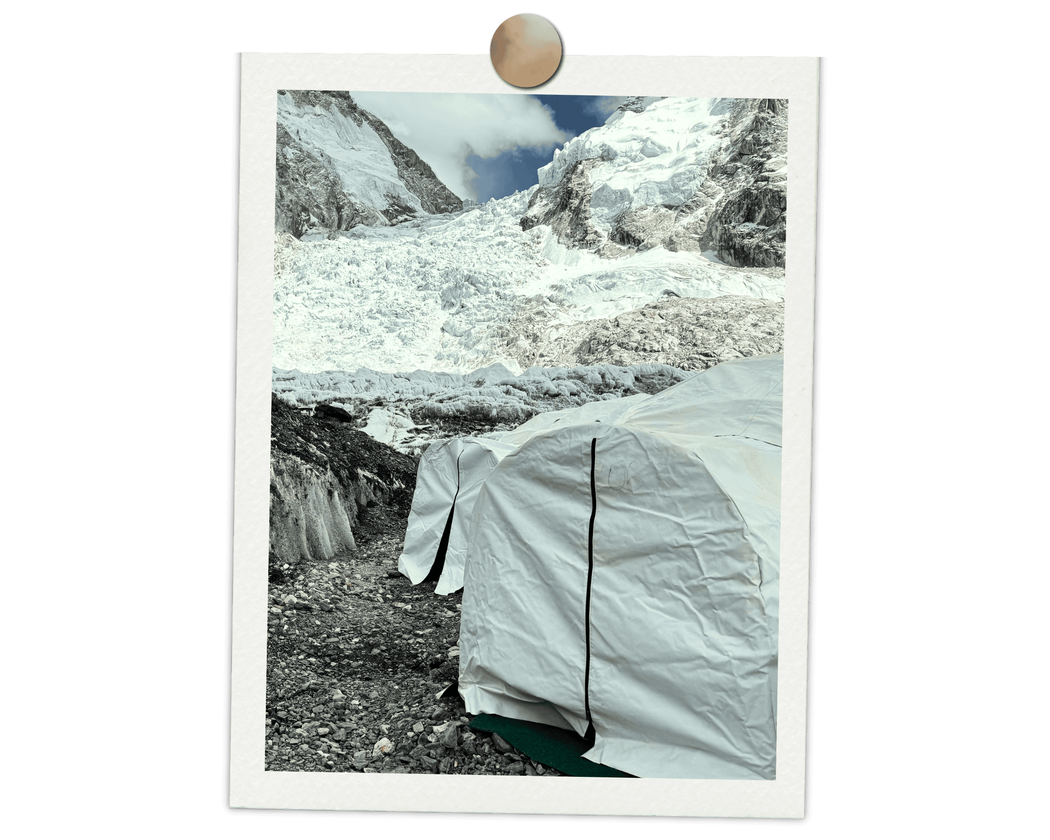Robert Alt's tent at Base Camp with the Khumbu Icefall in the background.