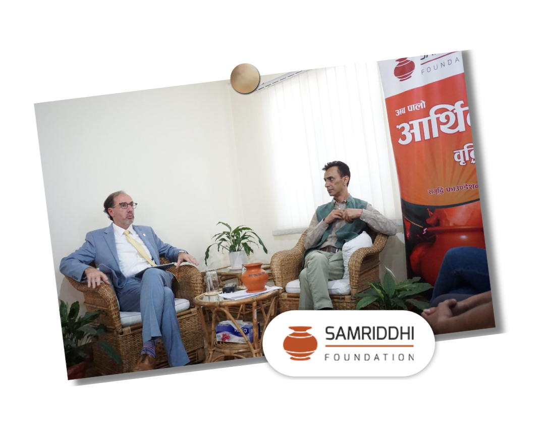 Robert Alt, with Robin Sitoula, speaking at the Samriddhi Foundation.