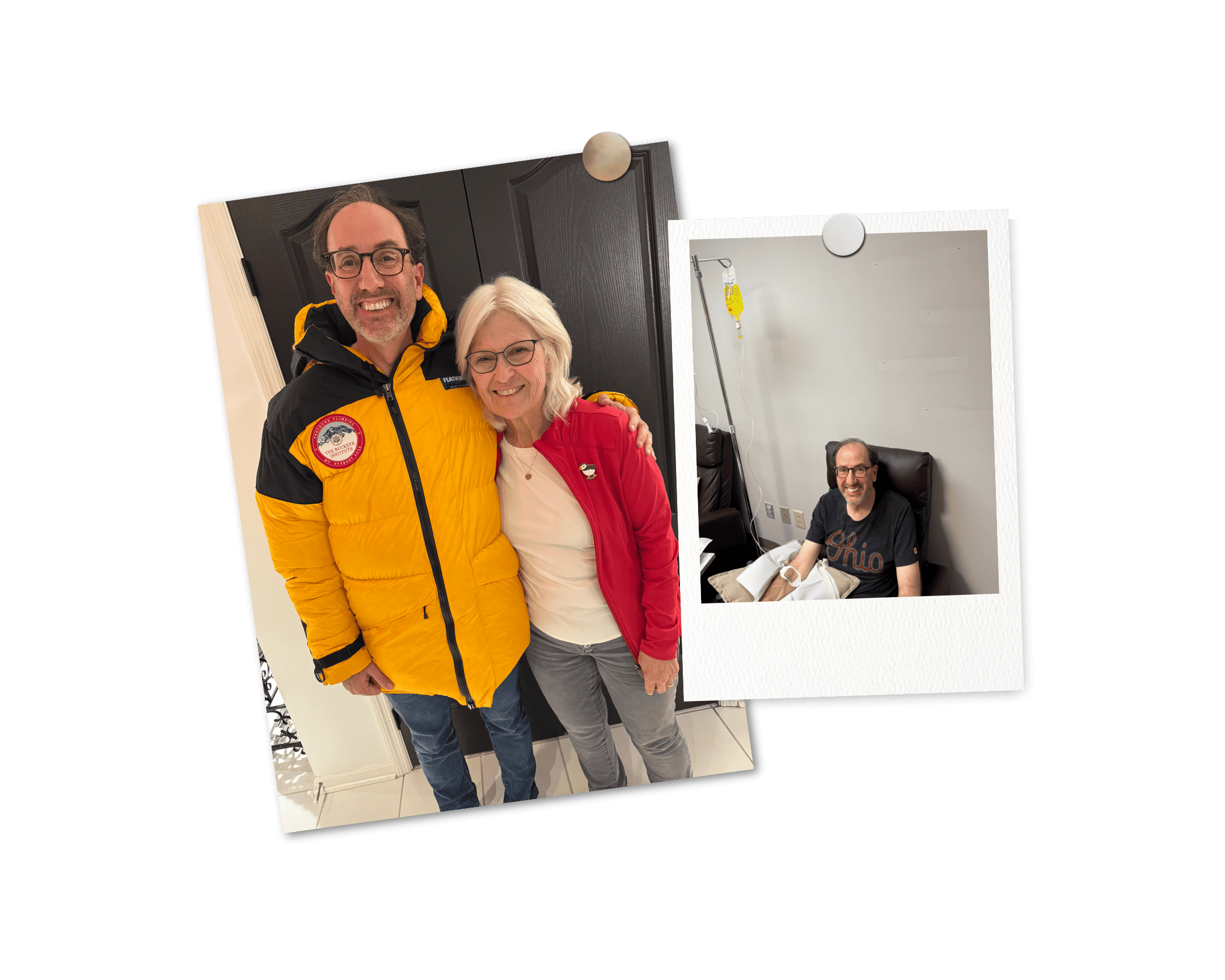 Two picture collage. One of Robert Alt with Julie Smith and one of Robert getting a vitamin IV drip.