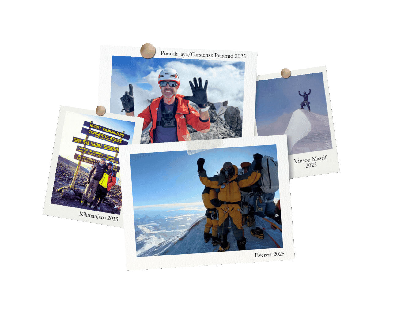 Collection of four photographs of people mountain climbing and skiing, each with a caption indicating the location and year, placed on a bright green background.