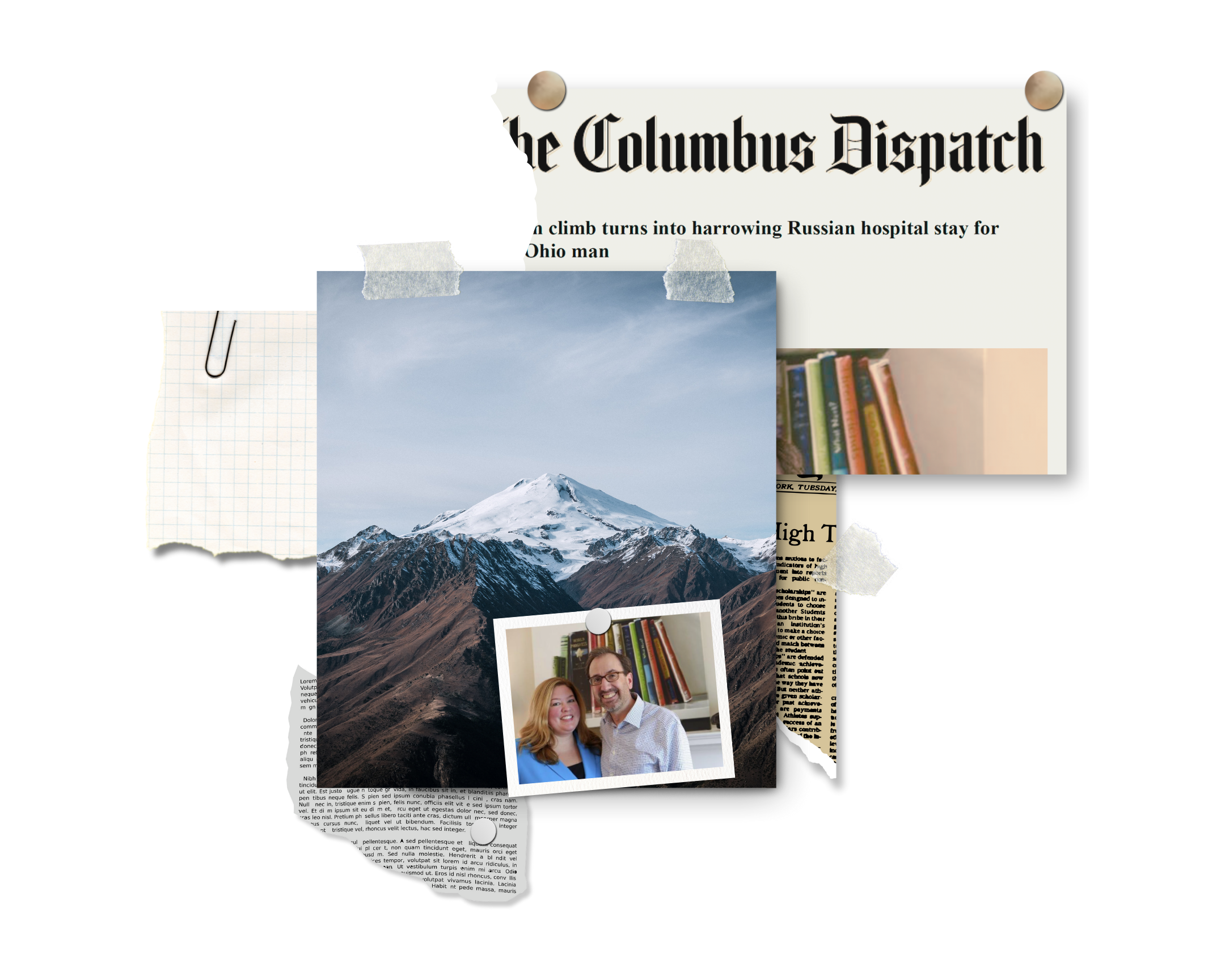 Collage of photos with one of Elbrus, Robert and Rebekah Alt, and The Columbus Dispatch masthead.