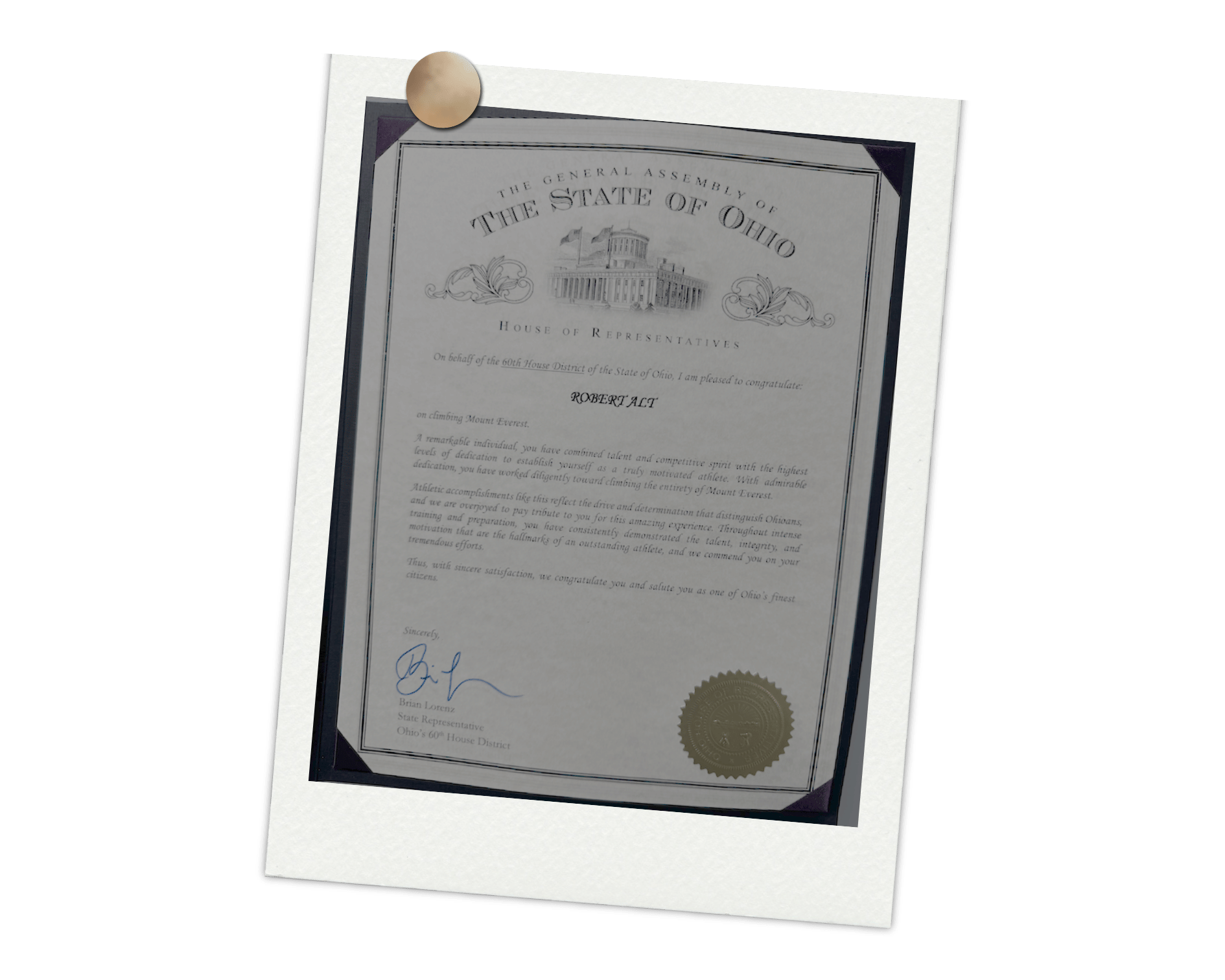 Proclamation Robert Alt received for summiting Everest.