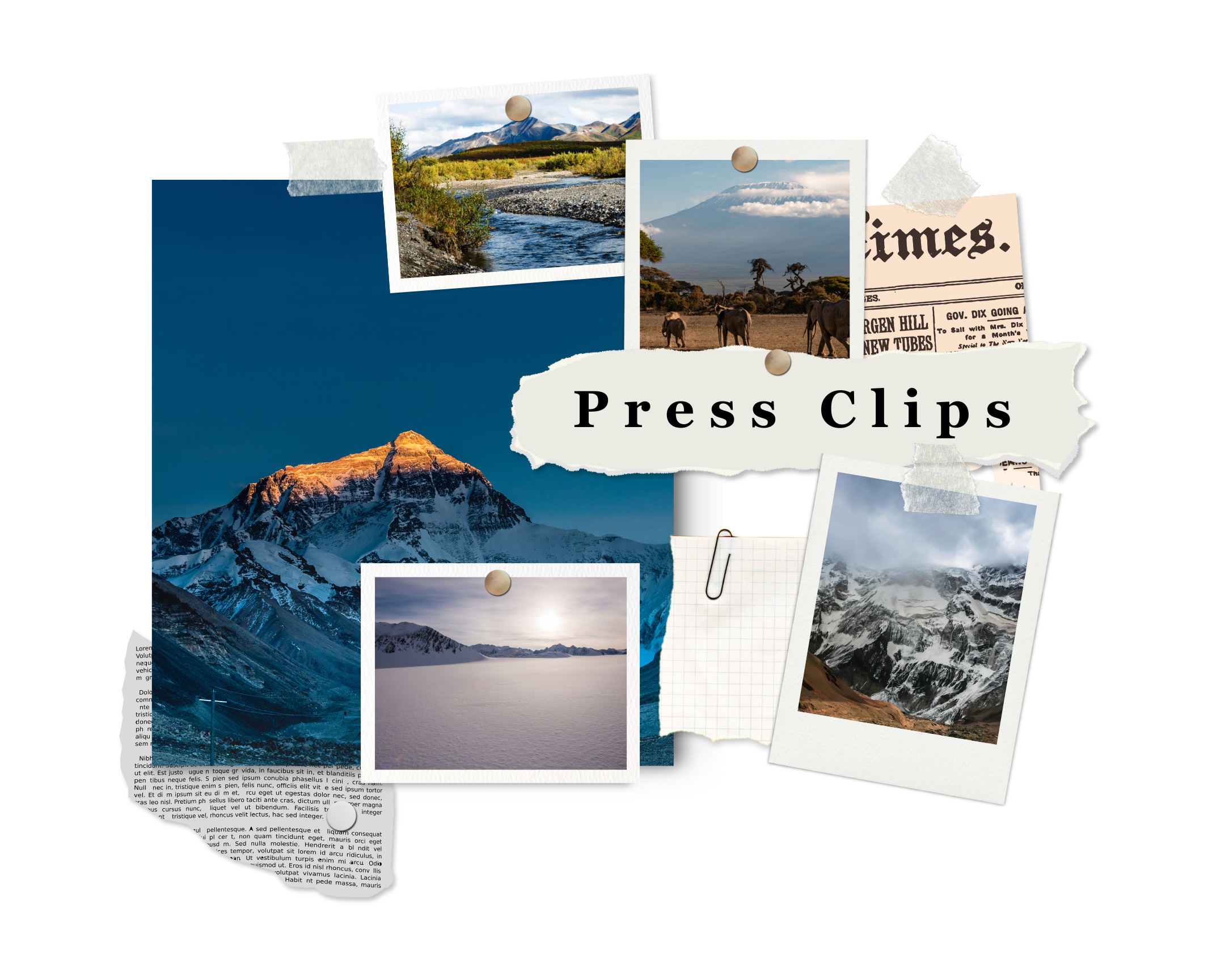 A collage of travel photos including mountains, a river, desert, and a sunset, with text reading 'Press Clips'
