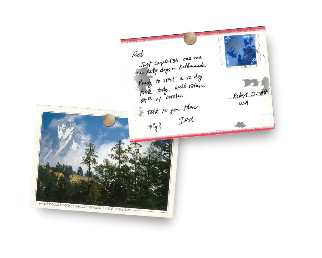 The front and back of the post card Robert Alt's father sent Robert when he was on his Everest trek in the late 1990s.