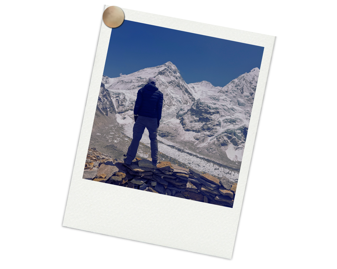 Robert Alt looking up at Everest from Pumori High Camp.