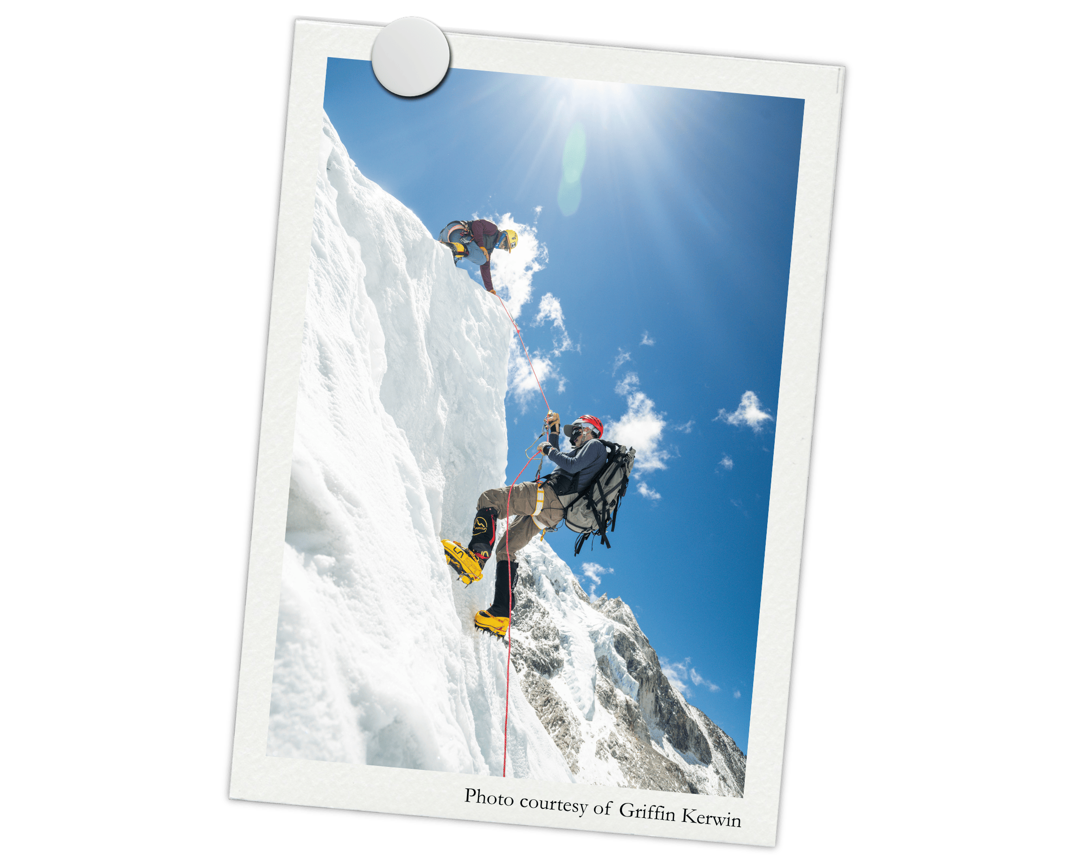 Robert Alt ascending a nearly-vertical pitch with Pa Dawa approving and guiding him from above.