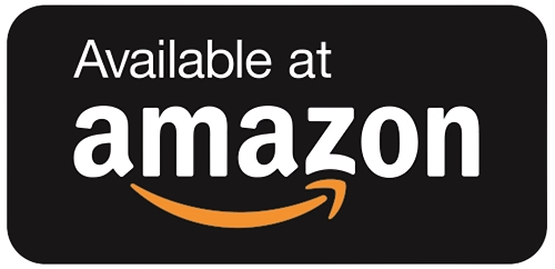 Text 'Available at Amazon' in white on a black rectangle. The Amazon logo, with a curved arrow, is prominently featured.
